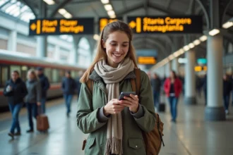 Jeune femme souriante au train station en Europe