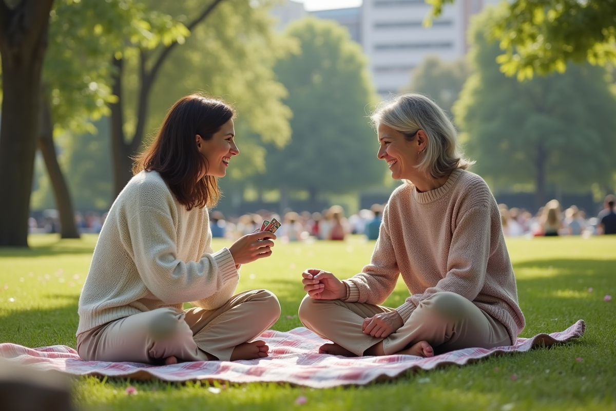 Deux femmes jouant à un jeu de cartes dans un parc urbain