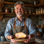 Fermeur français tenant du foie gras avec ambiance rustique