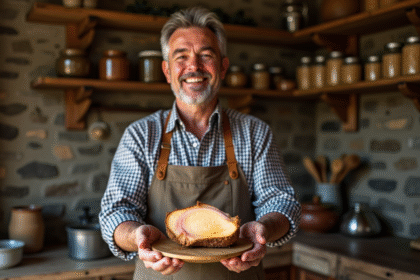 Fermeur français tenant du foie gras avec ambiance rustique
