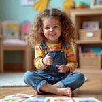 Petite fille en classe jouant avec des cartes de mots