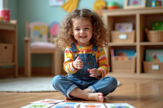 Petite fille en classe jouant avec des cartes de mots