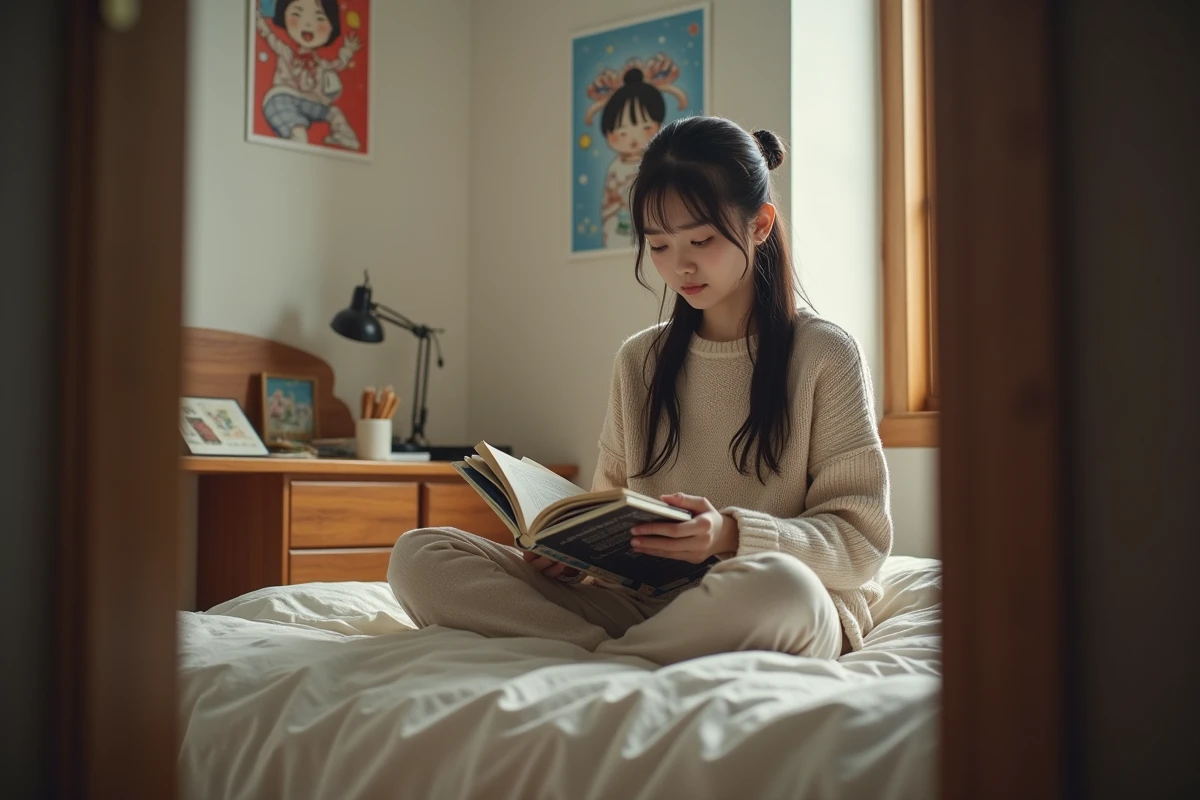 Fille adolescente lisant un manhwa dans sa chambre
