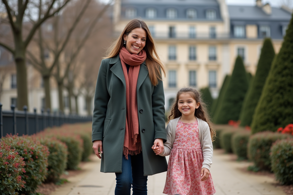 Fille et mère marchant dans un parc parisien ensoleille