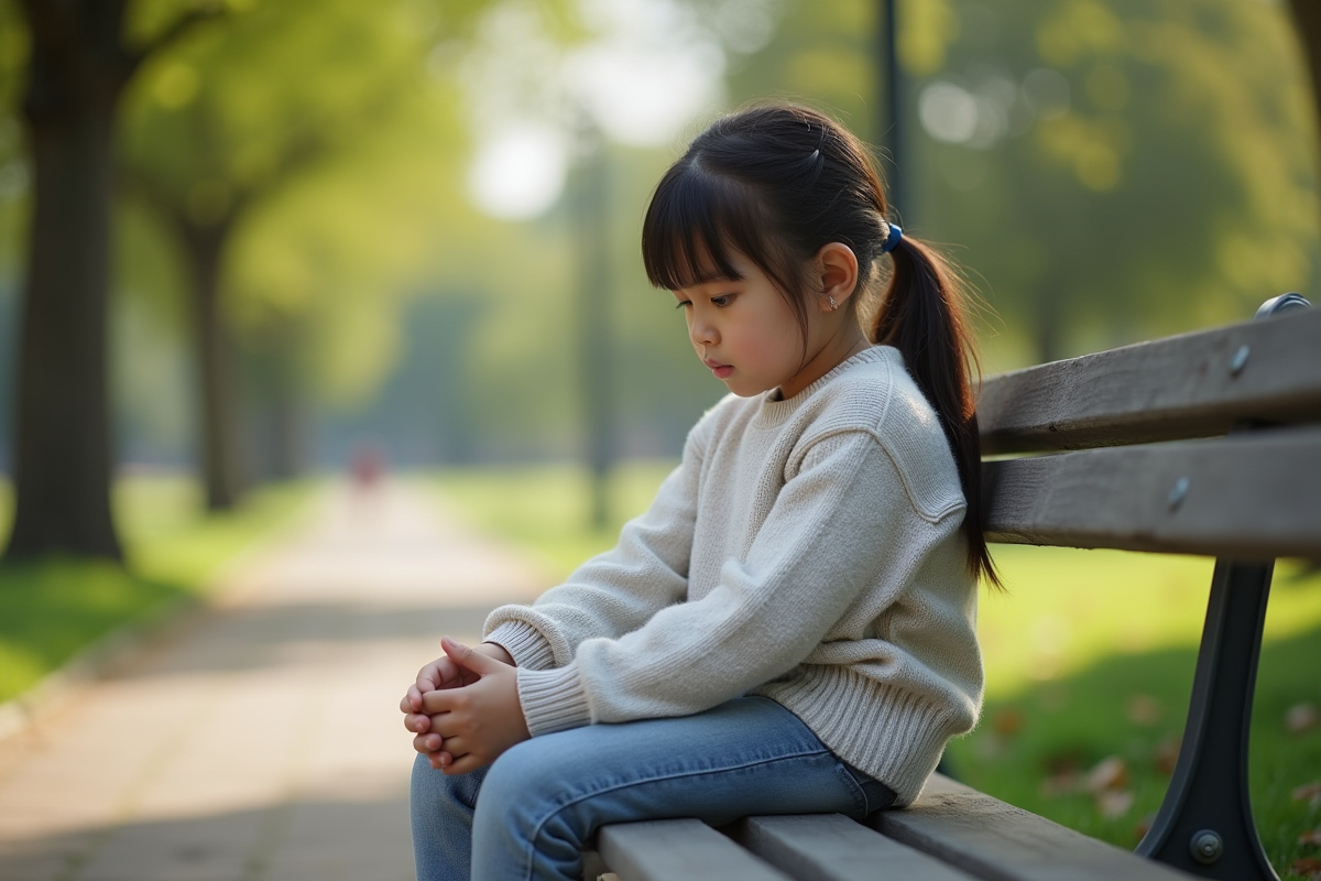 Fille de 10 ans assise sur un banc dans un parc