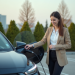 Jeune femme connectant une voiture hybride au chargeur en ville