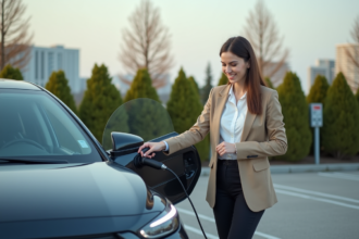 Jeune femme connectant une voiture hybride au chargeur en ville
