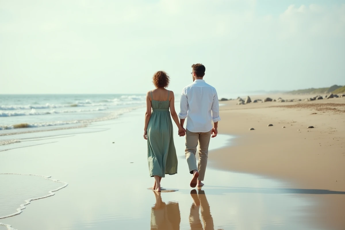 Couple marchant pieds nus sur la plage en regardant l'horizon, symbolisant l'union et la progression du chemin des flammes jumelles