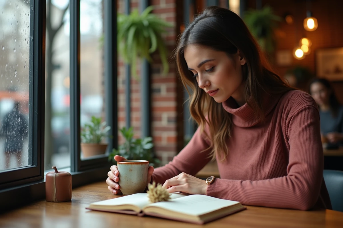 Femme en pleine introspection dans un café, journal ouvert sur la table, évoquant la croissance personnelle liée au chemin de la flamme jumelle