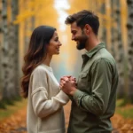 Couple de flammes jumelles se tenant les mains sur un sentier forestier en automne, regard contemplatif symbolisant l'évolution du lien spirituel