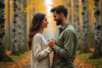Couple de flammes jumelles se tenant les mains sur un sentier forestier en automne, regard contemplatif symbolisant l'évolution du lien spirituel