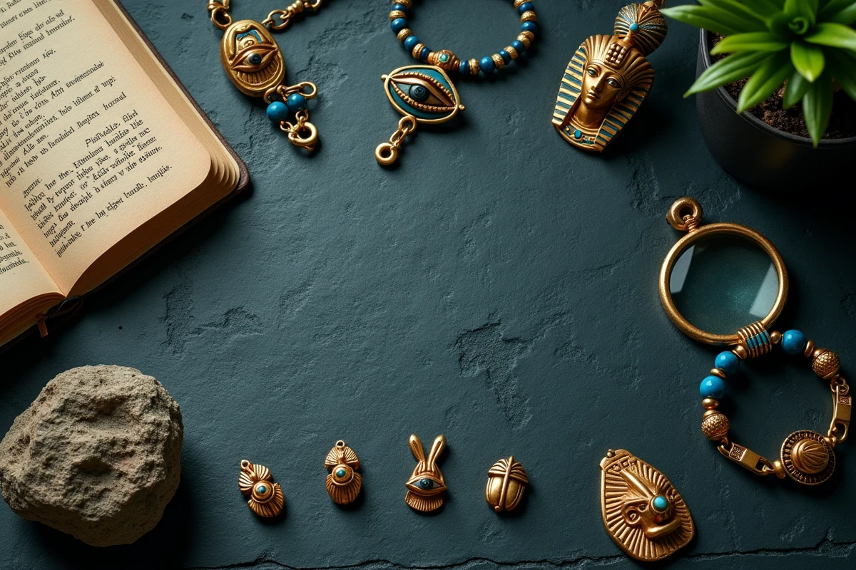 Flat lay de bijoux égyptiens œil d'Horus sur ardoise avec carnet de notes symboliques et loupe