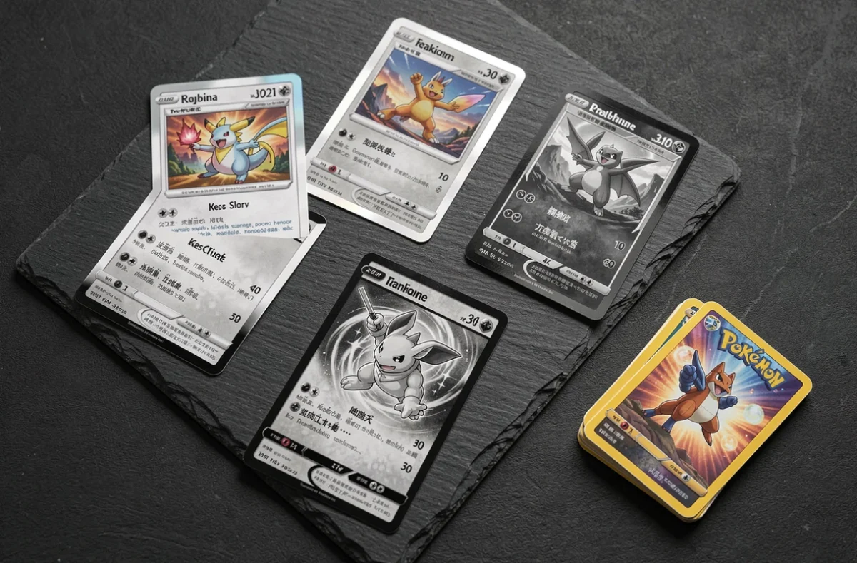 Vue aérienne de cartes Pokémon Foudre Noire et Flamme Blanche disposées sur une surface ardoise avec un booster non ouvert