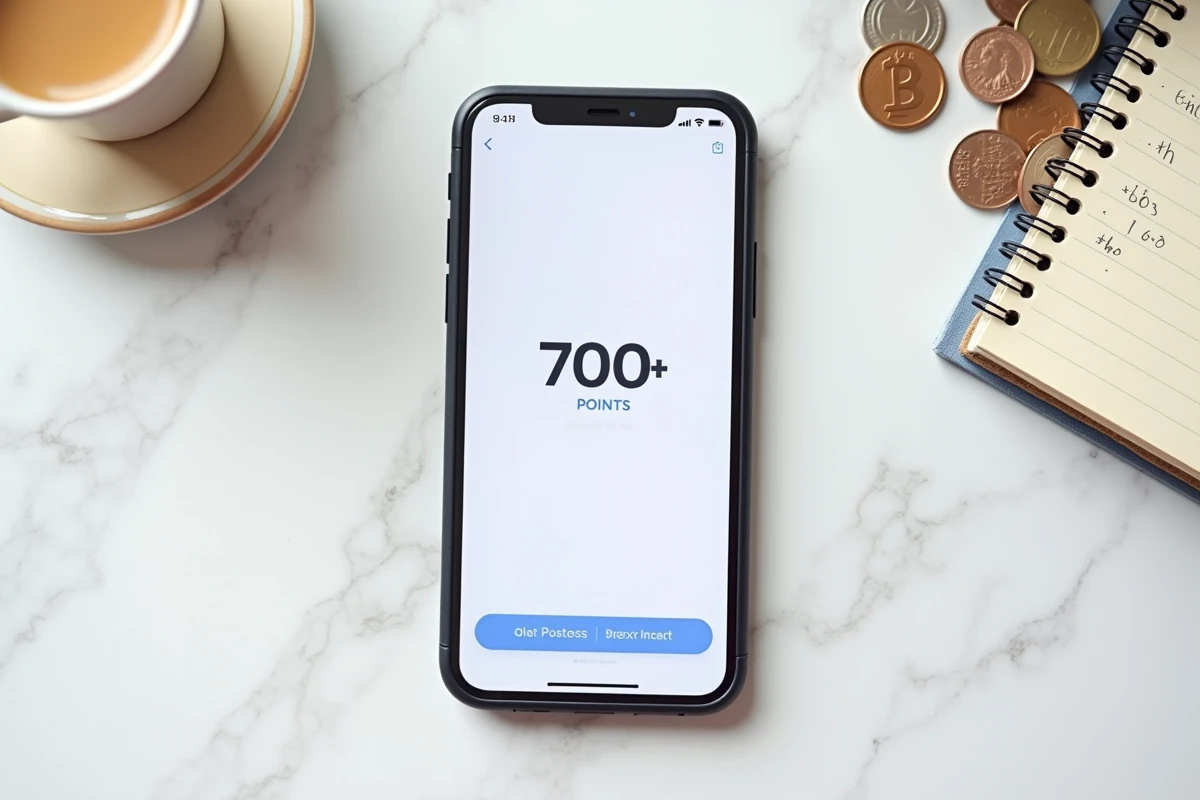 Vue de dessus d'un smartphone affichant 700 points de fidélité avec une liste de produits gratuits à obtenir
