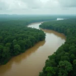 Vue aérienne du fleuve Amazone serpentant à travers la forêt tropicale brésilienne, illustrant sa vastitude et ses innombrables affluents
