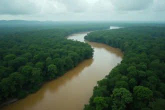 Vue aérienne du fleuve Amazone serpentant à travers la forêt tropicale brésilienne, illustrant sa vastitude et ses innombrables affluents