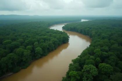 Vue aérienne du fleuve Amazone serpentant à travers la forêt tropicale brésilienne, illustrant sa vastitude et ses innombrables affluents