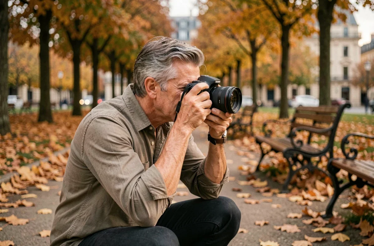 Franck Tourneret photographe en action lors d'une séance portrait en extérieur dans un parc de Lyon en automne