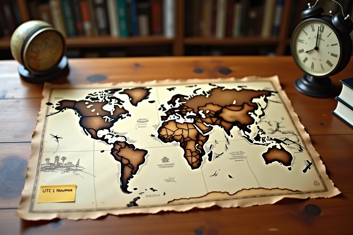 Carte du monde avec horloge analogique et note manuscrite indiquant le fuseau horaire UTC+11 de Nouméa en Nouvelle-Calédonie