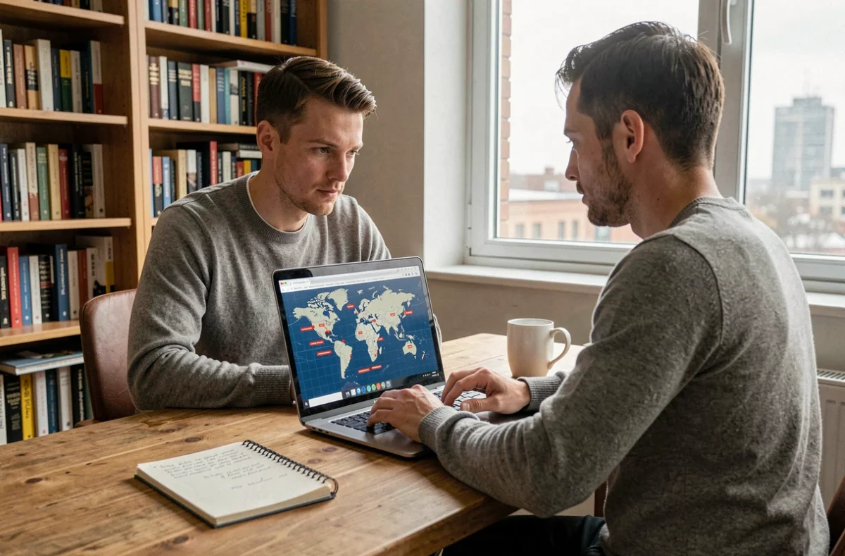 Homme consultant un fuseau horaire mondial sur ordinateur portable pour suivre l'heure à Washington pendant l'élection présidentielle américaine 2026