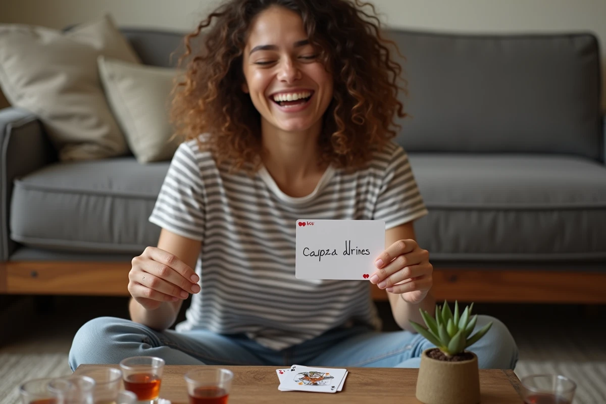 Jeune femme riant en lisant une carte de gage lors d'une partie du jeu du palmier entre amis
