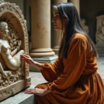 Femme contemplant un bas-relief antique représentant Gaïa dans un musée archéologique, robe en lin brodée de feuilles et vignes