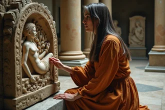 Femme contemplant un bas-relief antique représentant Gaïa dans un musée archéologique, robe en lin brodée de feuilles et vignes