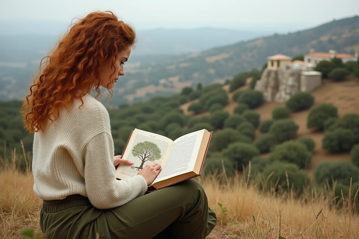 Jeune femme lisant un livre de mythologie grecque sur une colline en Grèce, paysage d'oliviers anciens en arrière-plan