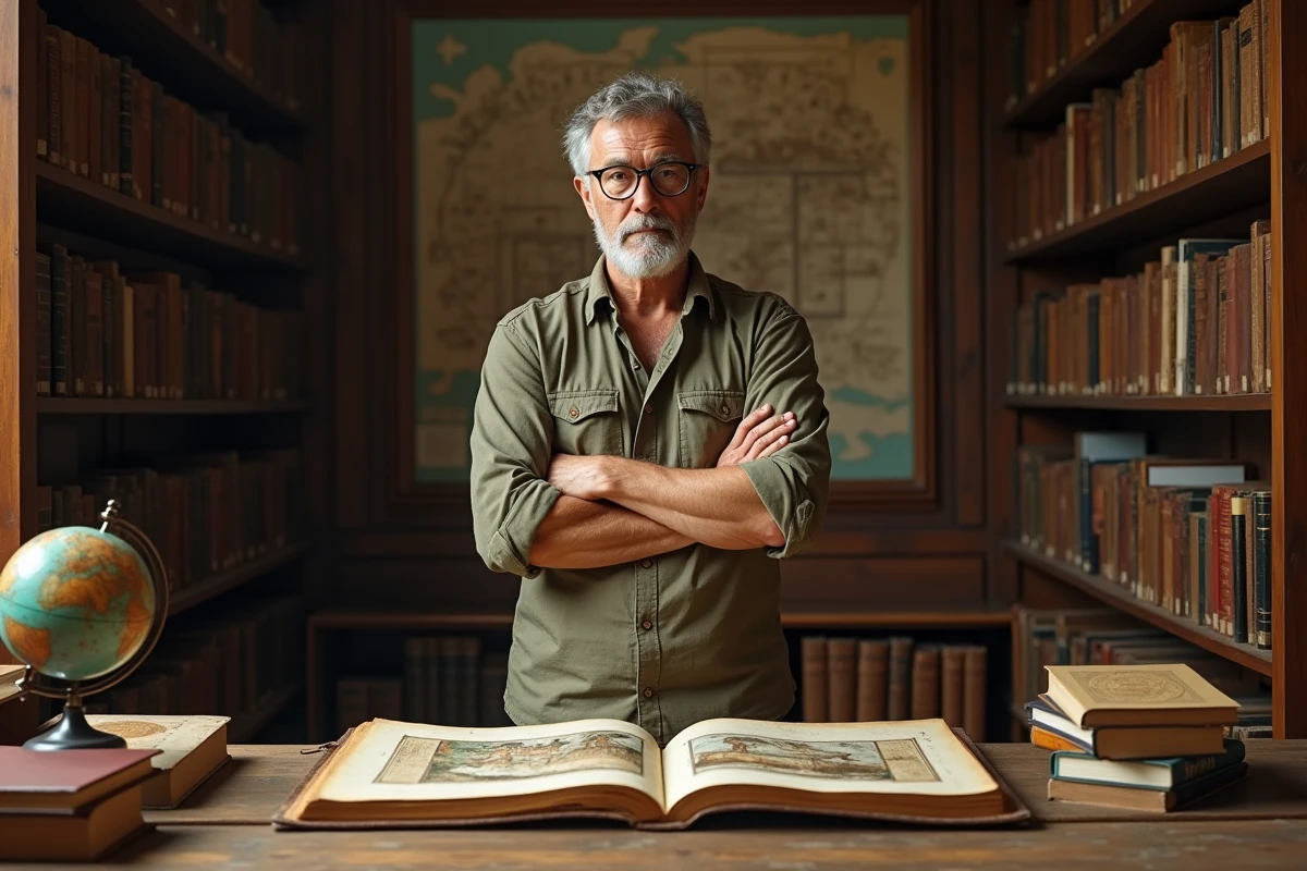 Chercheur étudiant un manuscrit illustré de la déesse Gaïa dans une bibliothèque universitaire ancienne