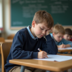 Garçon concentré en classe avec devoirs à son bureau