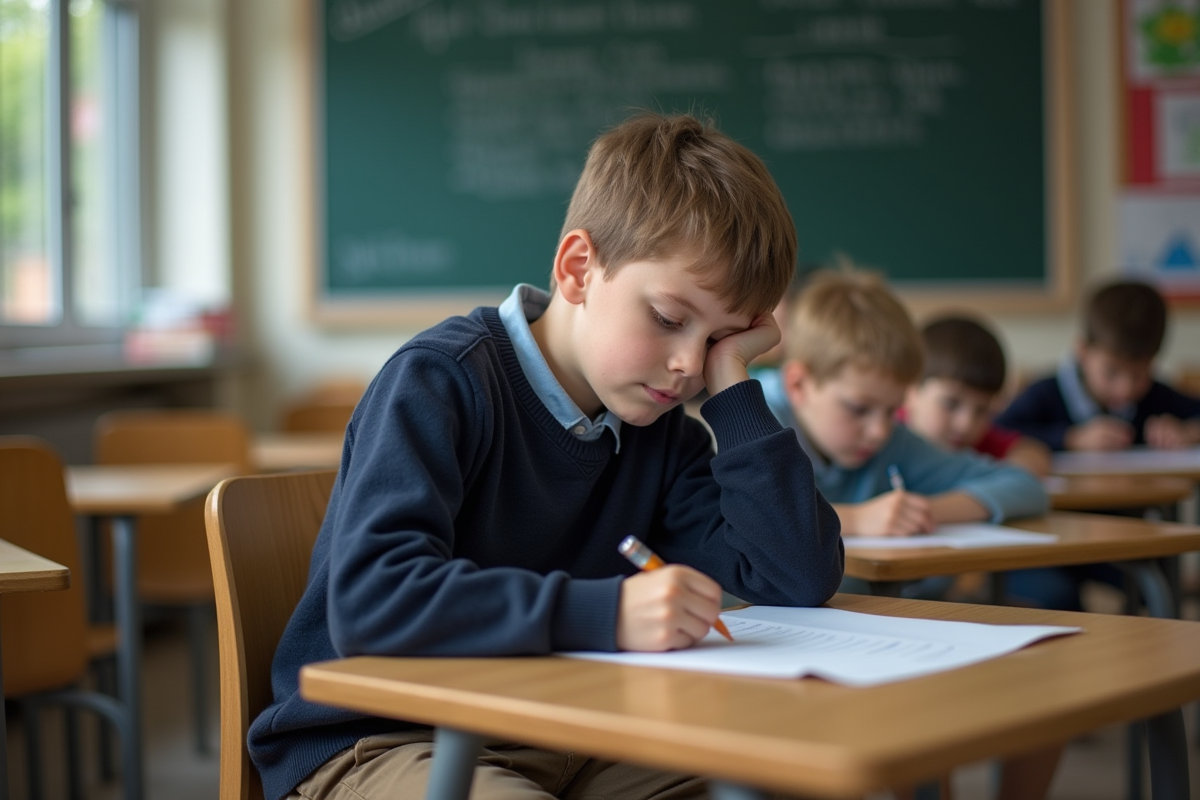 Garçon concentré en classe avec devoirs à son bureau