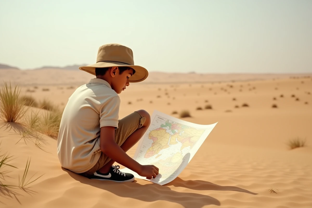 Garçon examinant une carte dans un paysage de dunes sahariennes