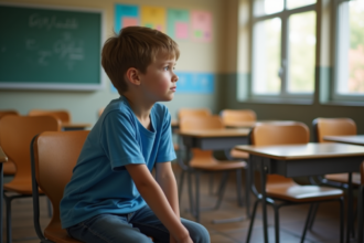 Garçon de 9 ans pensif dans une classe scolaire