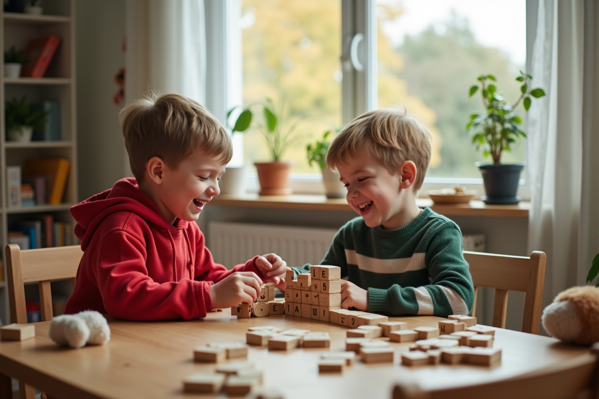 Deux garçons construisant des phrases avec des blocs de mots