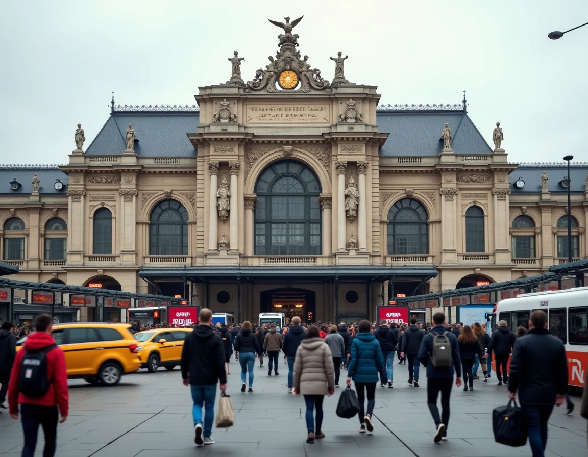 Vue extérieure de la Gare du Nord à Paris avec des foules de voyageurs lors d'un grand événement, affichages RATP en temps réel et files d'attente de bus visibles