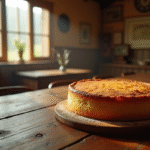 Gâteau basque sur une table en bois dans un musée basque