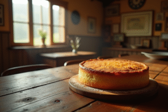 Gâteau basque sur une table en bois dans un musée basque