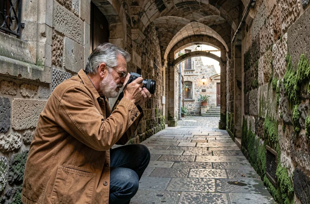 Gilles Ravier photographe dans une traboule du Vieux-Lyon capturant l'architecture Renaissance