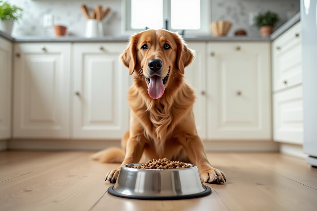 Chien golden retriever assis devant une gamelle remplie de croquettes dans une cuisine moderne