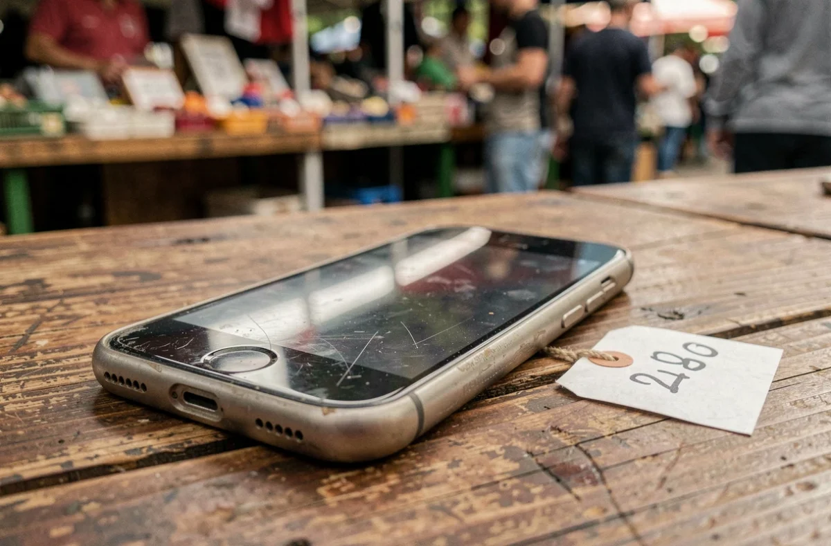 Gros plan d'un vieux smartphone avec étiquette de prix sur une table en bois dans un marché de revente