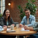 Groupe de collègues au bureau partageant un café