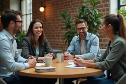 Groupe de collègues au bureau partageant un café