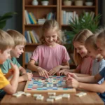 Enfants jouant au Scrabble dans un salon convivial