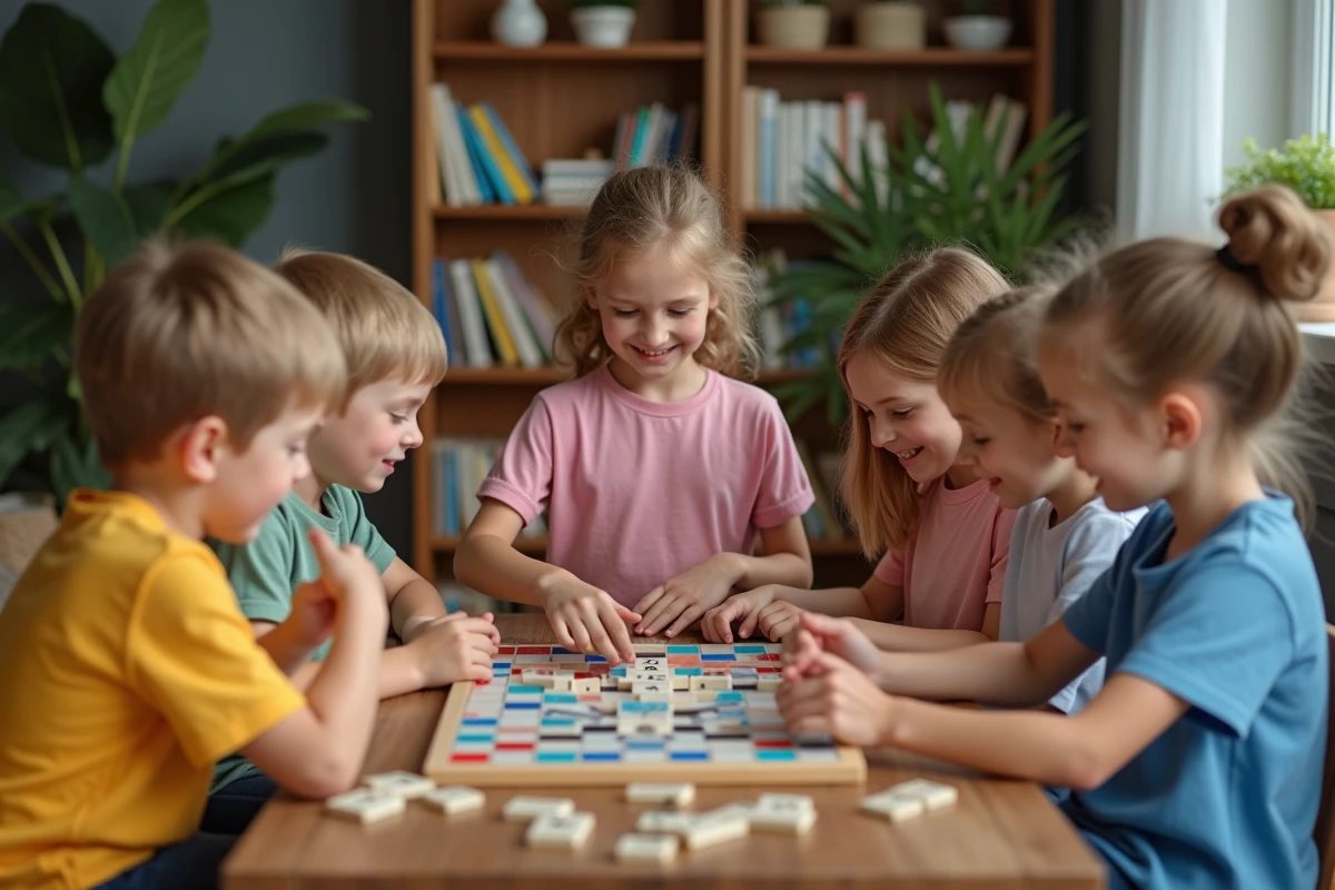 Enfants jouant au Scrabble dans un salon convivial