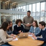 Groupe d'étudiants à Paris autour d'une table