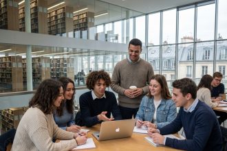 Groupe d'étudiants à Paris autour d'une table