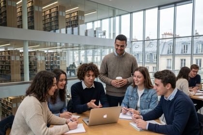 Groupe d'étudiants à Paris autour d'une table