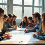Groupe de jeunes adultes travaillant sur des plans d'ingénierie mécanique