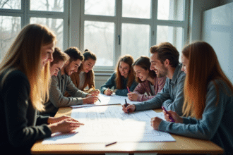 Groupe de jeunes adultes travaillant sur des plans d'ingénierie mécanique