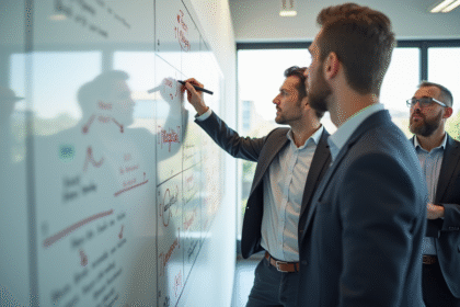 Groupe de professionnels autour d'un tableau blanc avec diagramme Tsh